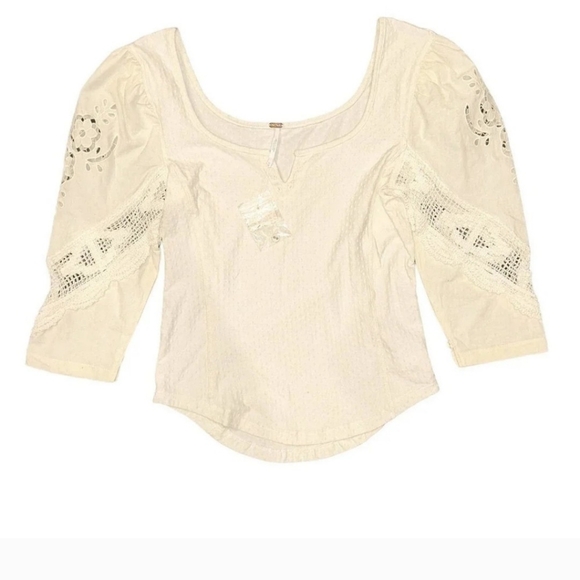 Free People NWT Brunch Date Henley Medium Eyelet 3/4 Sleeves Color Moon Glow Top - Picture 12 of 12